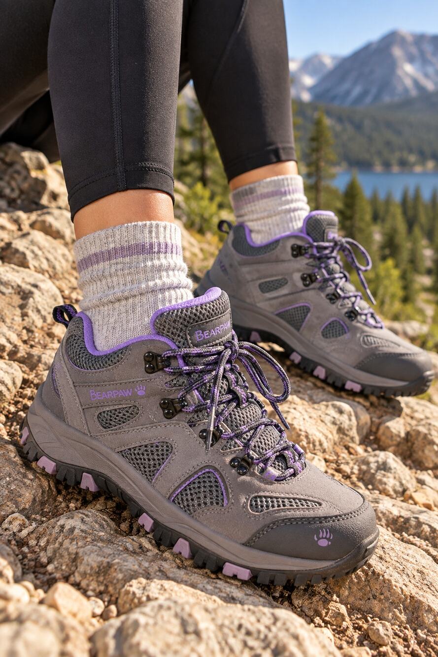 Bearpaw Women’s Hiking Shoes Size 5 Gray Purple Suede Trail Sneakers